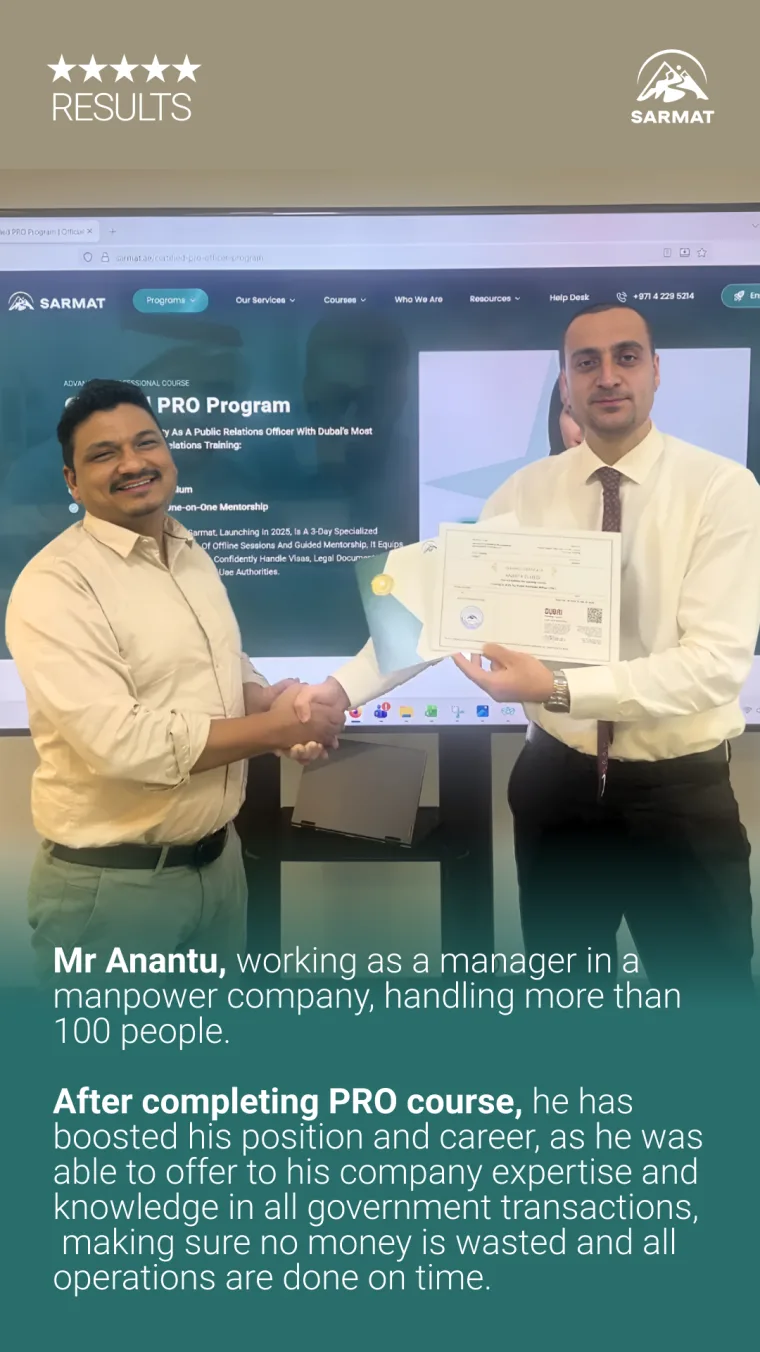 Sarmat PRO course graduate Mr Anantu, a manpower company manager who advanced his career after PRO certification