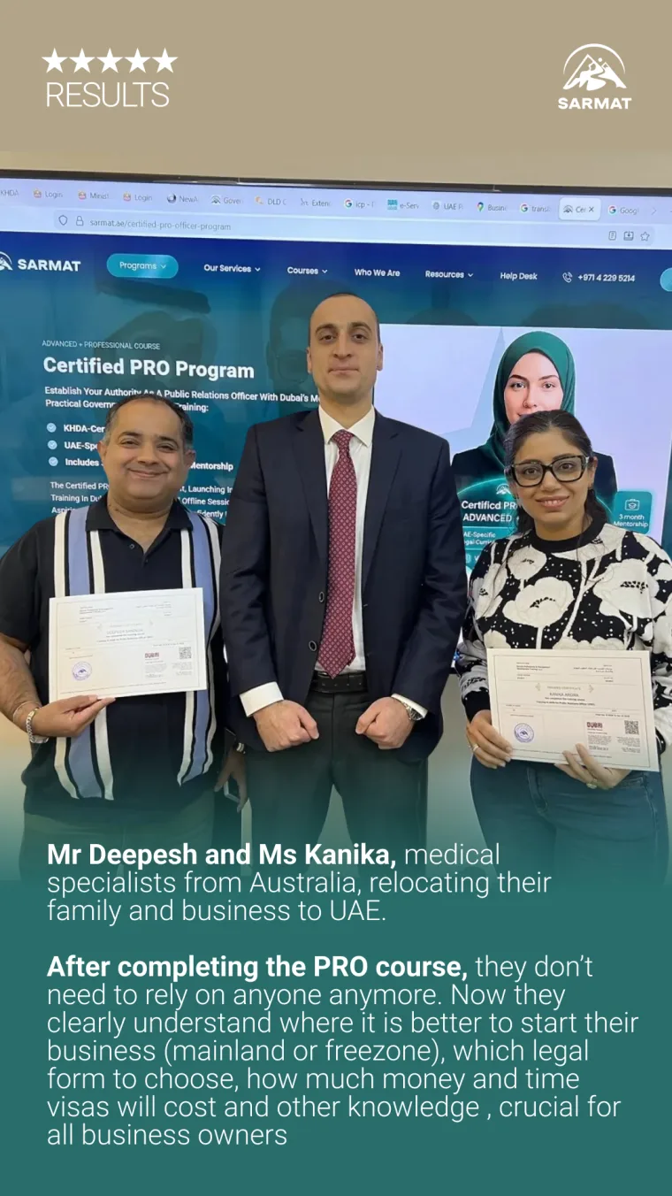 Sarmat PRO course graduates Mr Deepesh and Ms Kanika, medical specialists from Australia relocating their family and business to the UAE