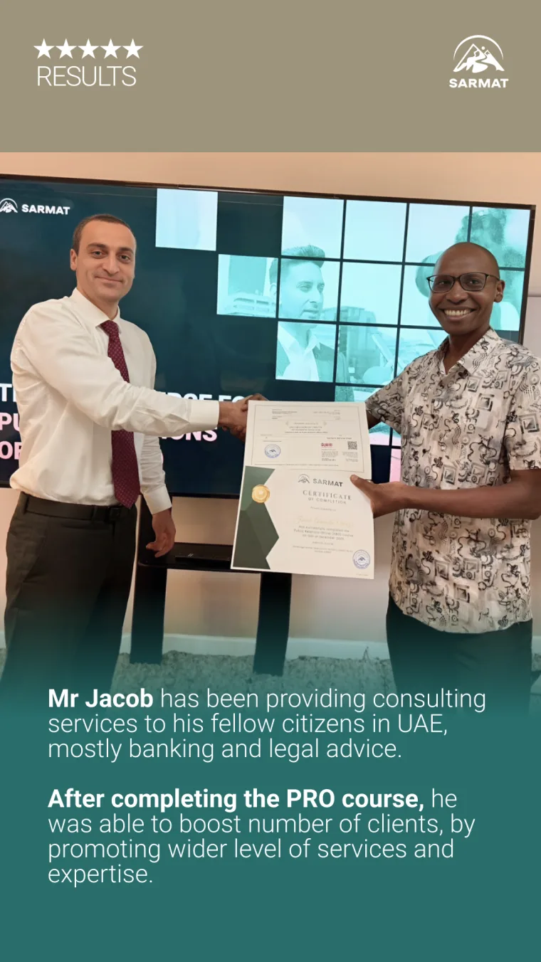 Sarmat PRO course graduate Mr Jacob, a UAE consultant who grew his client base after PRO certification