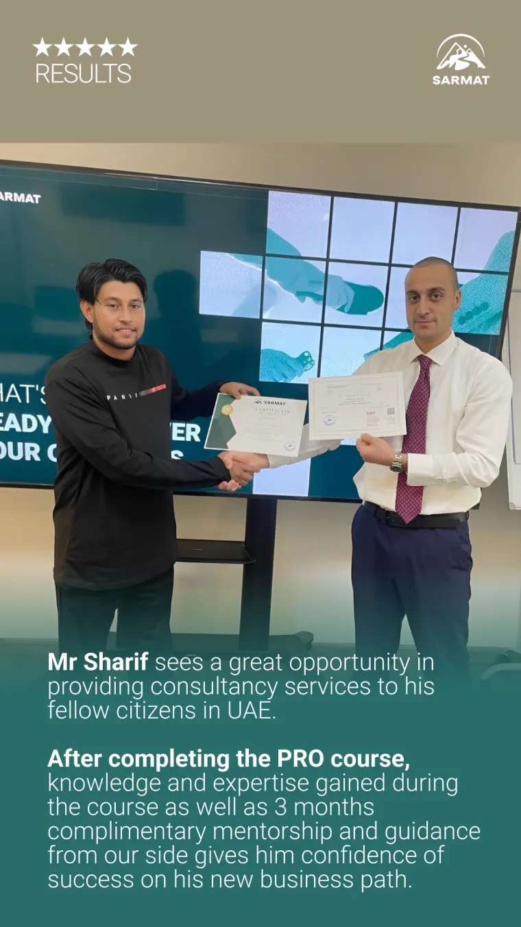 Sarmat PRO course graduate Mr Sharif, launching consultancy services in the UAE with Sarmat's mentorship support